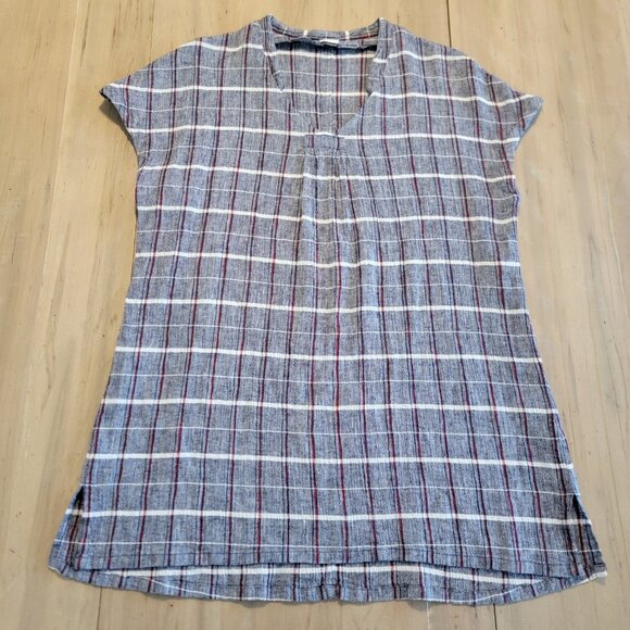 POETRY Dress Linen Blend MIDI Shirt U.S. 2 Lagenlook Relaxed Fit Plaid - Picture 2 of 10